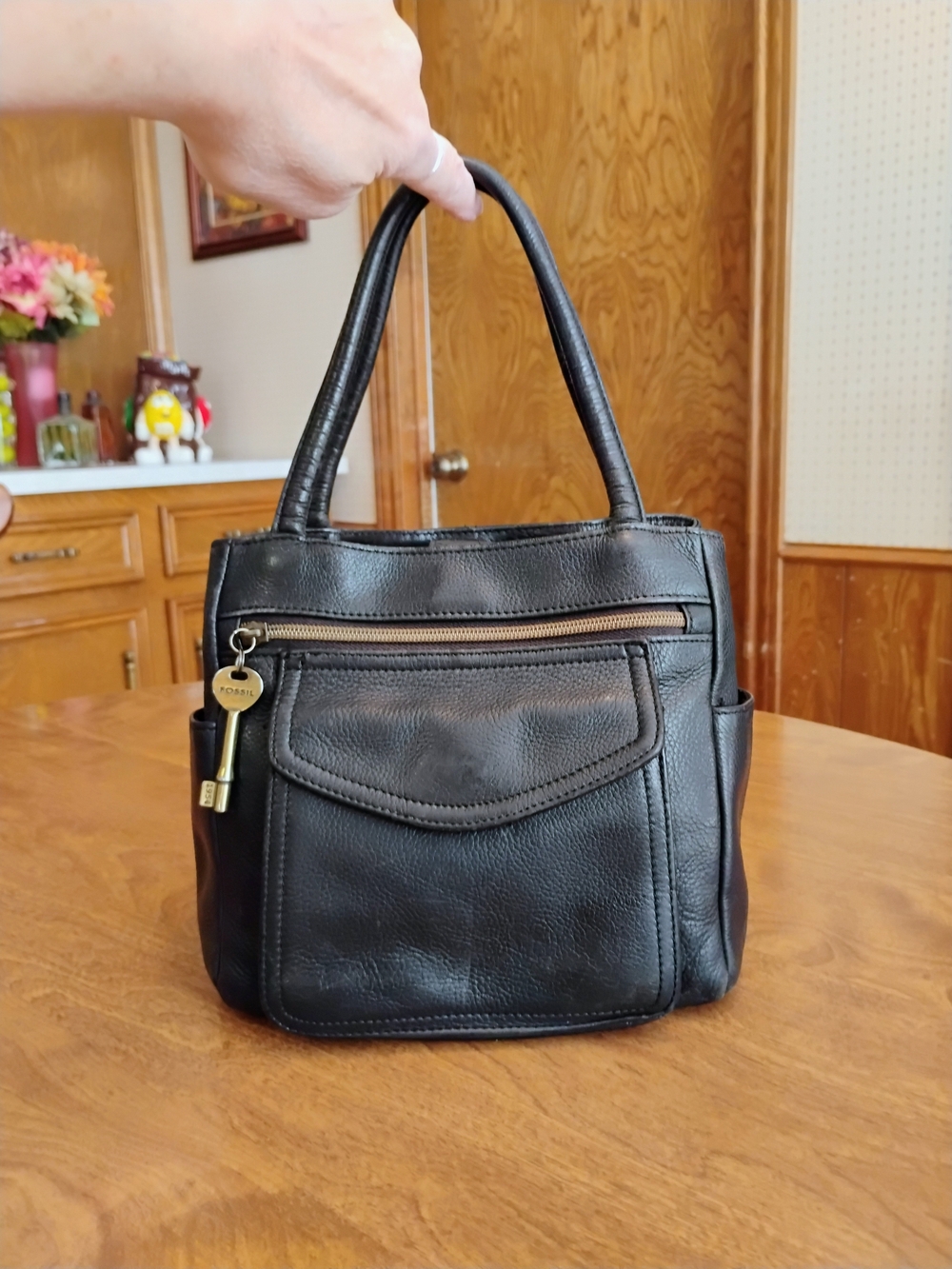 Fossil Black Pebble Grain Leather Medium Satchel/Handle Bag With Key Fob Purse